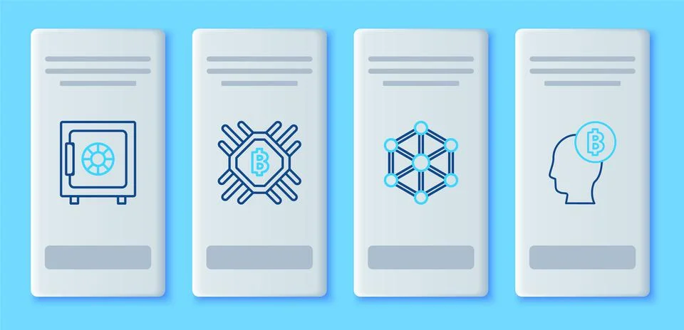 Set line CPU mining farm, Blockchain technology, Safe and Bitcoin think icon. Stock Illustration