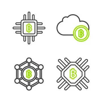 Set line CPU mining farm, Blockchain technology Bitcoin, Cryptocurrency cloud Illustrazione stock