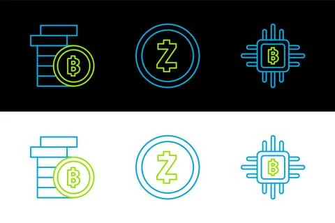 Set line CPU mining farm, Cryptocurrency coin Bitcoin and Zcash ZEC icon. Vector 스톡 일러스트