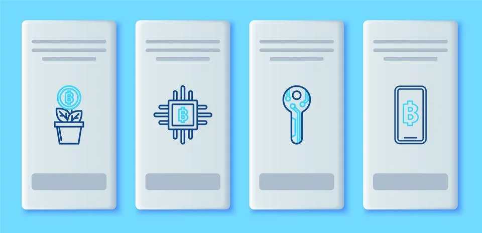 Set line CPU mining farm, Cryptocurrency key, Bitcoin plant the pot and Phone Stock Illustration