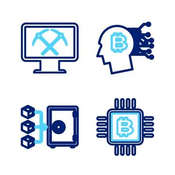 Set line CPU mining farm, Proof of stake, Bitcoin plant the pot and Mining with Stock Illustration