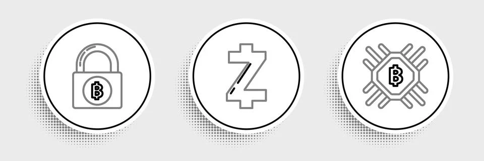 Set line CPU mining farm, Lock with bitcoin and Cryptocurrency Zcash ZEC icon Illustrazione stock