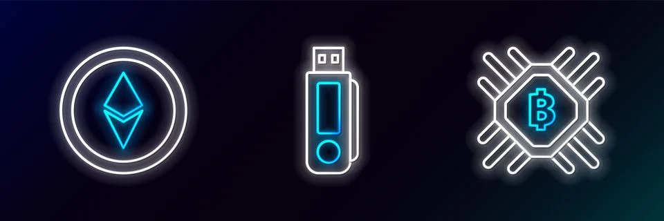 Set line CPU mining farm, Cryptocurrency coin Ethereum ETH and USB flash drive Stock Illustration