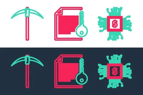 Set line CPU mining farm, Pickaxe and Smart contract icon. Vector Illustrazione stock