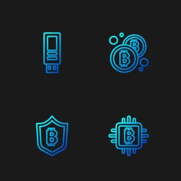 Set line CPU mining farm, Shield with bitcoin, USB flash drive and Bitcoin Stock Illustration