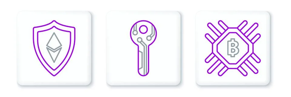 Set line CPU mining farm, Shield Ethereum ETH and Cryptocurrency key icon. .. Stock Illustration