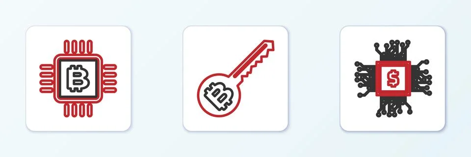 Set line CPU mining farm,  and Cryptocurrency key icon. Vector Stock Illustration