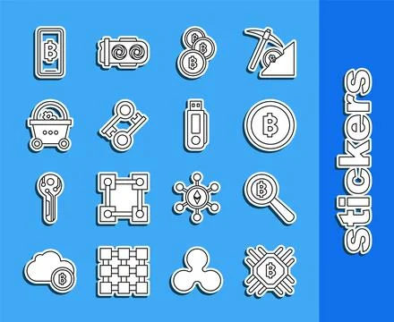 Set line CPU mining farm, Magnifying glass with Bitcoin, Cryptocurrency, ke.. Stock Illustration