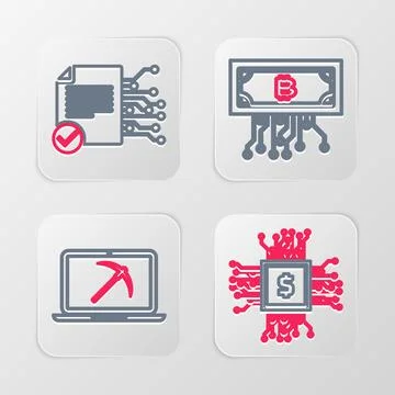 Set line CPU mining farm, Mining with laptop and pickaxe, Cryptocurrency bi.. Stock Illustration