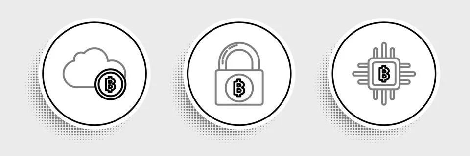 Set line CPU mining farm, Cryptocurrency cloud and Lock with bitcoin icon. .. Stock Illustration