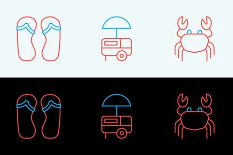Set line Crab, Flip flops and Fast street food cart icon. Vector Ilustração Stock