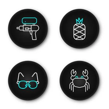 Set line Crab, Glasses, Pineapple and Water gun icon. Vector Stock Illustration