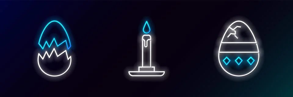 Set line Cracked egg, Broken and Burning candle in candlestick icon. Glowin.. Stock Illustration
