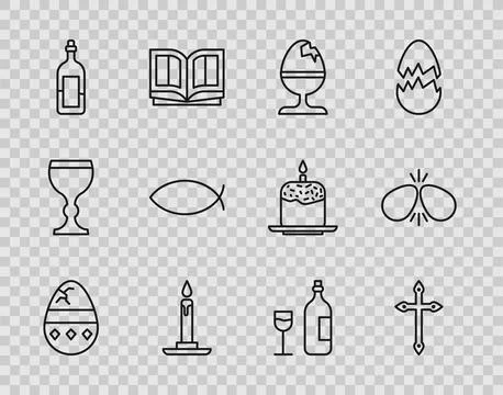 Set line Cracked egg, Christian cross, Chicken on stand, Burning candle in Stock Illustration