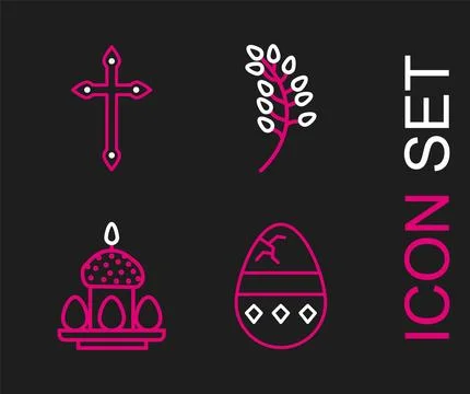 Set line Cracked egg, Easter cake and eggs, Willow leaf and Christian cross icon Stock Illustration
