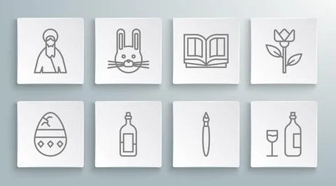 Set line Cracked egg, Easter rabbit, Bottle of wine, Paint brush, Wine bott.. Stock Illustration