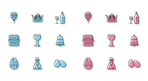 Set line Cracked egg, Jesus Christ, Balloons with ribbon, Easter eggs, Wine Stock Illustration