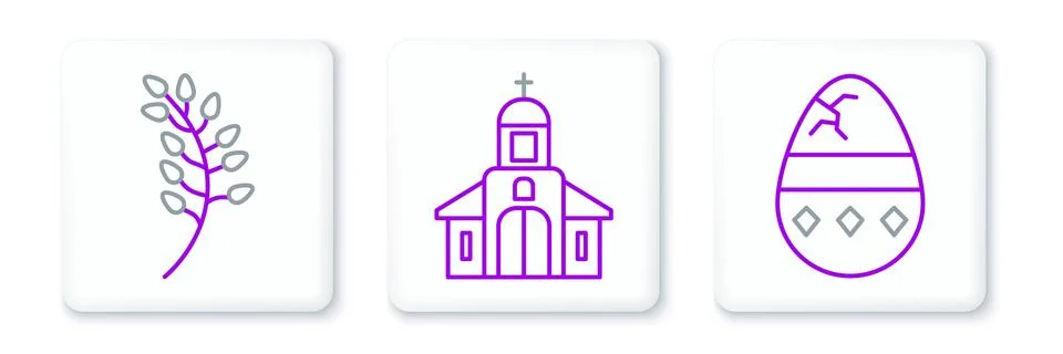 Set line Cracked egg, Willow leaf and Church building icon. Vector Ilustración de archivo