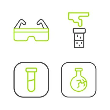 Set line Cracked flask, Test tube and, and Safety goggle glasses icon. Vector Illustrazione stock
