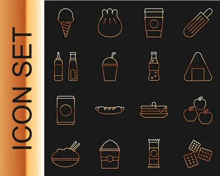 Set line Cracker biscuit, Apple, Onigiri, Coffee cup to go, Milkshake, Sauce  Ilustración de archivo