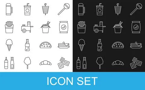 Set line Cracker biscuit, Bag or packet potato chips, Grilled shish kebab, Fast Stock Illustration