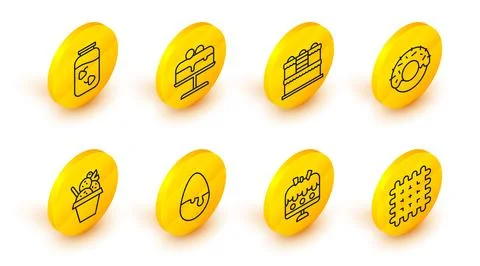 Set line Cracker biscuit, Cake on plate, Chocolate egg, Ice cream in bowl, Donut 스톡 일러스트