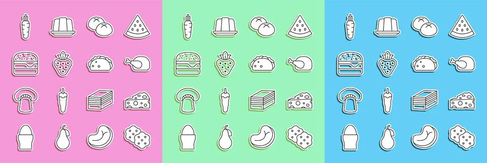 Set line Cracker biscuit, Cheese, Roasted turkey or chicken, Bread loaf Stock-Illustration