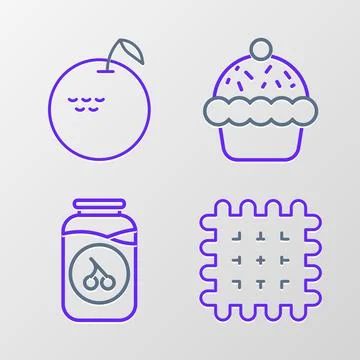 Set line Cracker biscuit, Cherry jam jar, Cupcake and Apple icon. Vector Stock Illustration