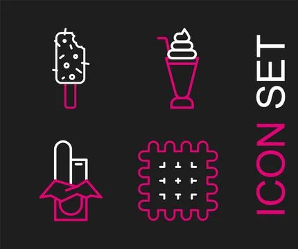 Set line Cracker biscuit, Chocolate bar, Milkshake and Ice cream icon. Vector Stock Illustration