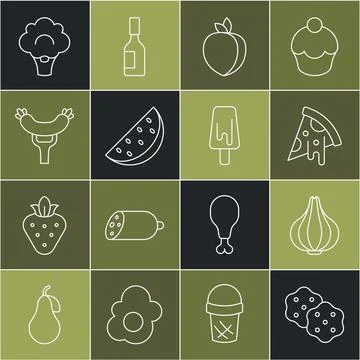 Set line Cracker biscuit, Garlic, Slice of pizza, Plum fruit, Watermelon Stock Illustration