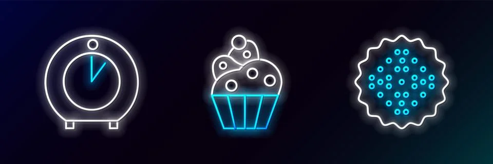 Set line Cracker biscuit, Kitchen timer and Cupcake icon. Glowing neon. Vector イラスト素材