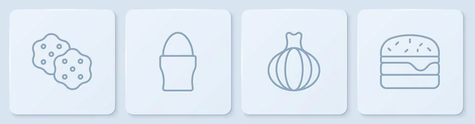Set line Cracker biscuit, Onion, Chicken egg stand and Burger. White square Illustrazione stock