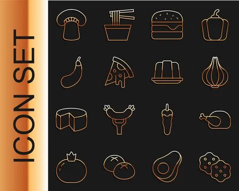 Set line Cracker biscuit, Roasted turkey or chicken, Garlic, Burger, Slice of Stock Illustration