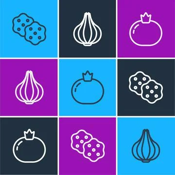 Set line Cracker biscuit, Tomato and Garlic icon. Vector Stock Illustration
