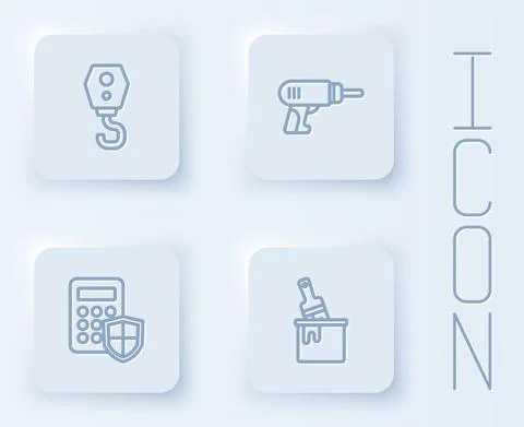 Set line Crane hook, Electric drill machine, Security keypad access panel and Illustrazione stock