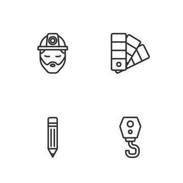 Set line Crane hook, Pencil with eraser, Builder and Color palette guide icon Stock Illustration