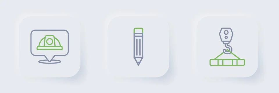 Set line Crane hook, Pencil with eraser and Worker safety helmet icon. Vector Illustrazione stock
