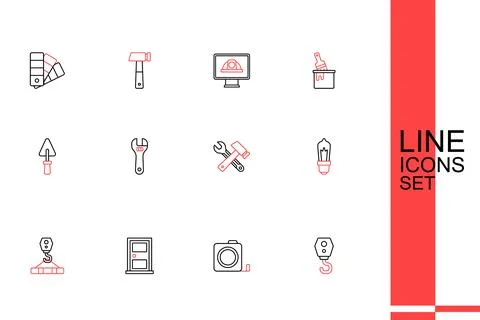 Set line Crane hook, Roulette construction, Closed door, Light bulb, Window.. Stock Illustration