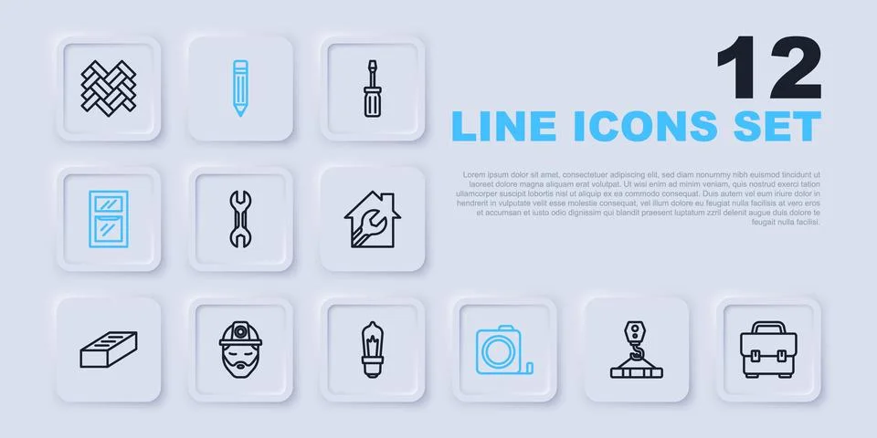 Set line Crane hook, Toolbox, Wrench spanner, Roulette construction, Window.. Illustrazione stock