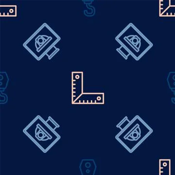 Set line Crane hook, Worker safety helmet and Corner ruler on seamless pattern Stock Illustration