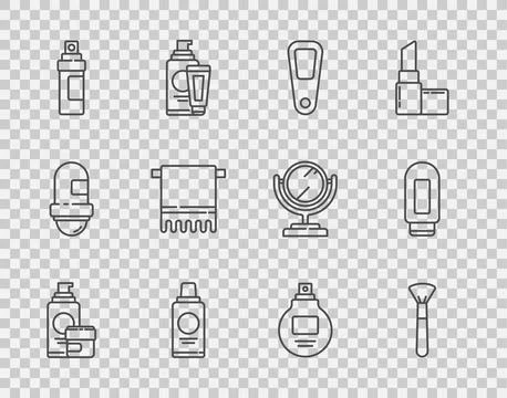 Set line Cream or lotion cosmetic tube, Makeup brush, Hand mirror, Bottle o.. Stock Illustration