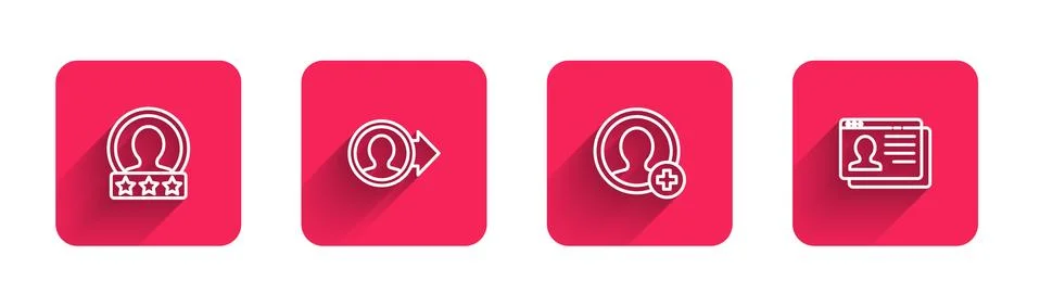Set line Create account screen, , and Resume with long shadow. Red square button Illustrazione stock