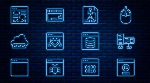 Set line Create account screen, Computer monitor, Flowchart, Browser with shield 库存插图