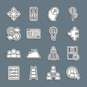 Set line Create account screen, Job promotion, Piece of puzzle, Head hunting Illustrazione stock