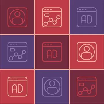 Set line Create account screen, Advertising and Market analysis icon. Vector Stock Illustration