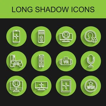 Set line Create account screen, Computer monitor, Smartphone and playing in game Illustrazione stock