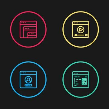 Set line Create account screen, Software, Online play video and icon. Vector Stock Illustration