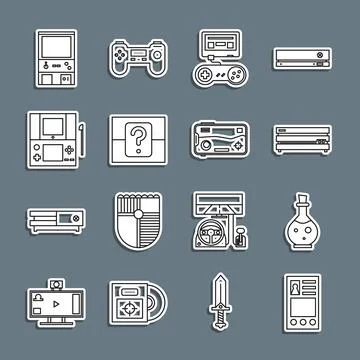 Set line Create account screen, Bottle with magic elixir, Video game console Stock Illustration