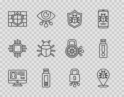 Set line Create account screen, System bug, USB flash drive, Shield with brick 스톡 일러스트