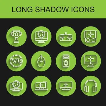 Set line Create account screen, Computer monitor, Award cup, Headphones, mouse 库存插图
